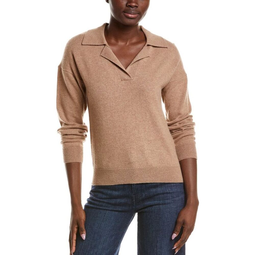 Naadam Womens  100% Cashmere V-Neck Polo Sweater, Brown